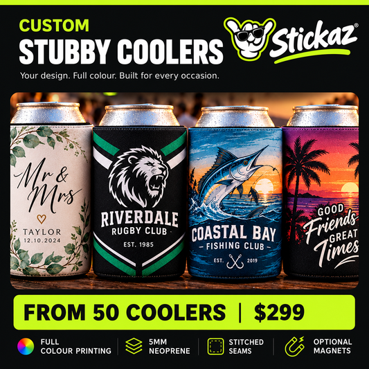 Stickaz Shaka branded promotional stubby cooler designs