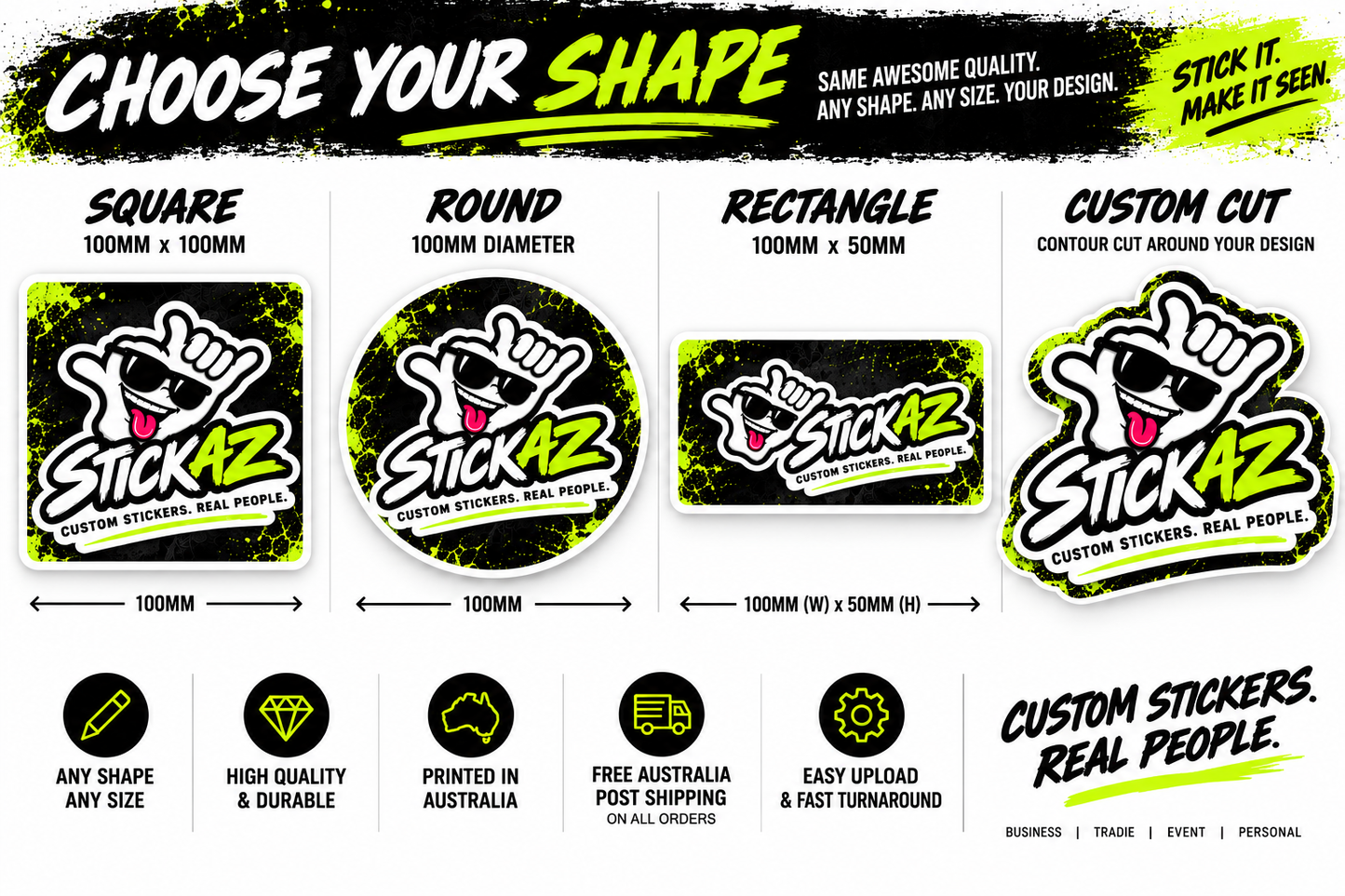 Stickaz custom business sticker shapes - square, round, rectangle and custom cut