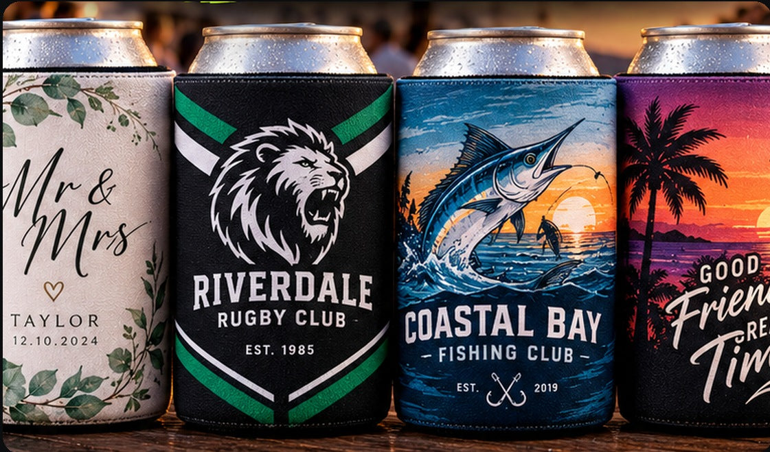 Custom printed stubby coolers featuring wedding, rugby club, fishing and coastal designs