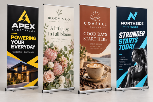 Custom retractable pull-up banners with stand and carry bag - four business branding examples