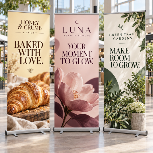 850mm pull-up banners for bakery, salon and market businesses