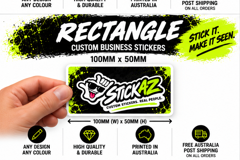 Rectangle custom business stickers - Stickaz 100mm x 50mm example