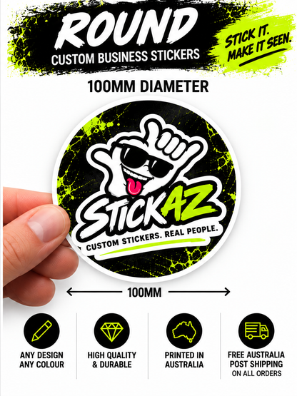 Round custom business stickers - Stickaz 100mm diameter example