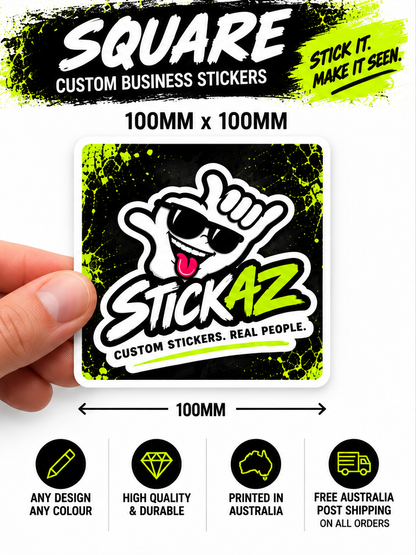 Square custom business stickers - Stickaz 100mm x 100mm example